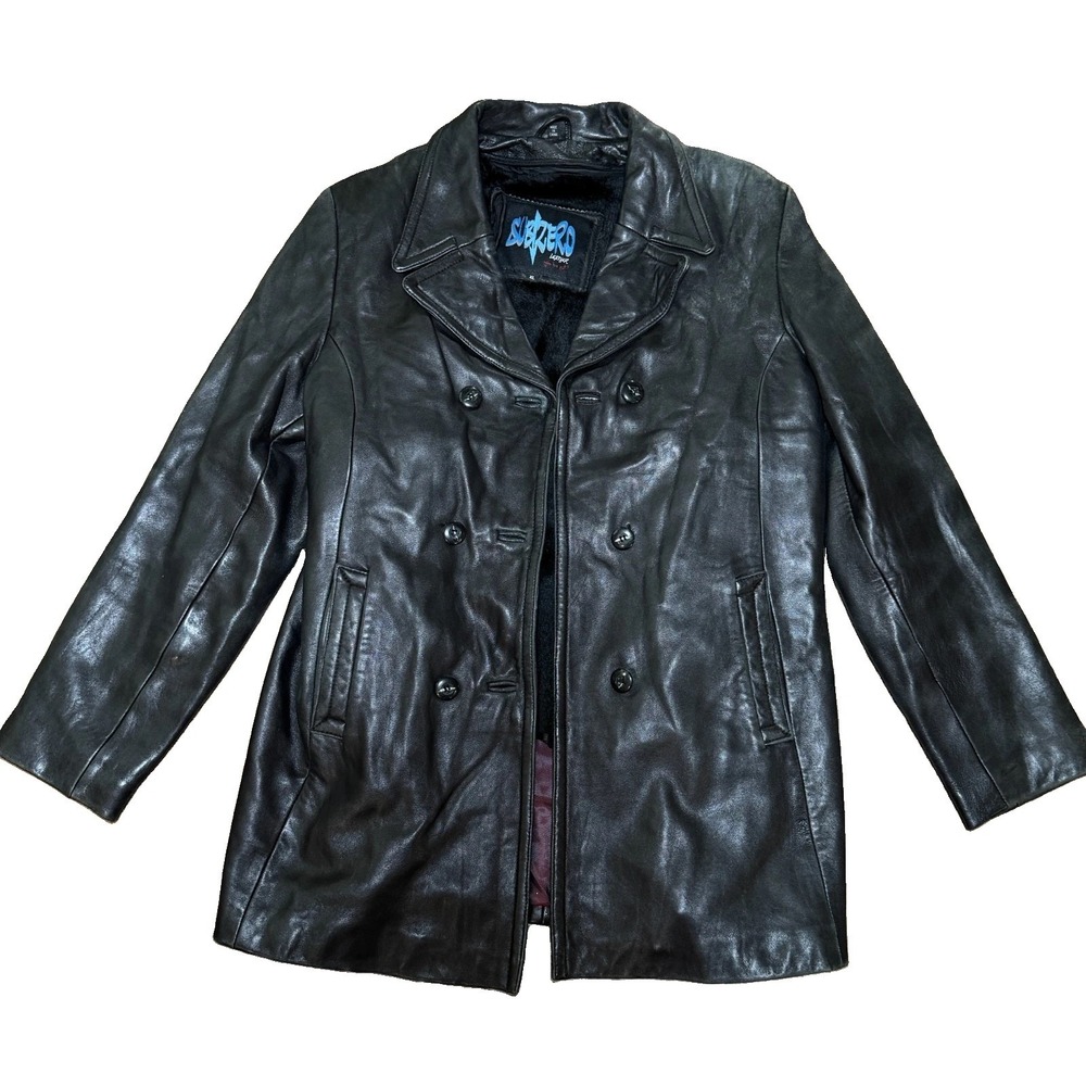 Subzero Leather Pea Coat XL Black Fleece Lined Double Breasted